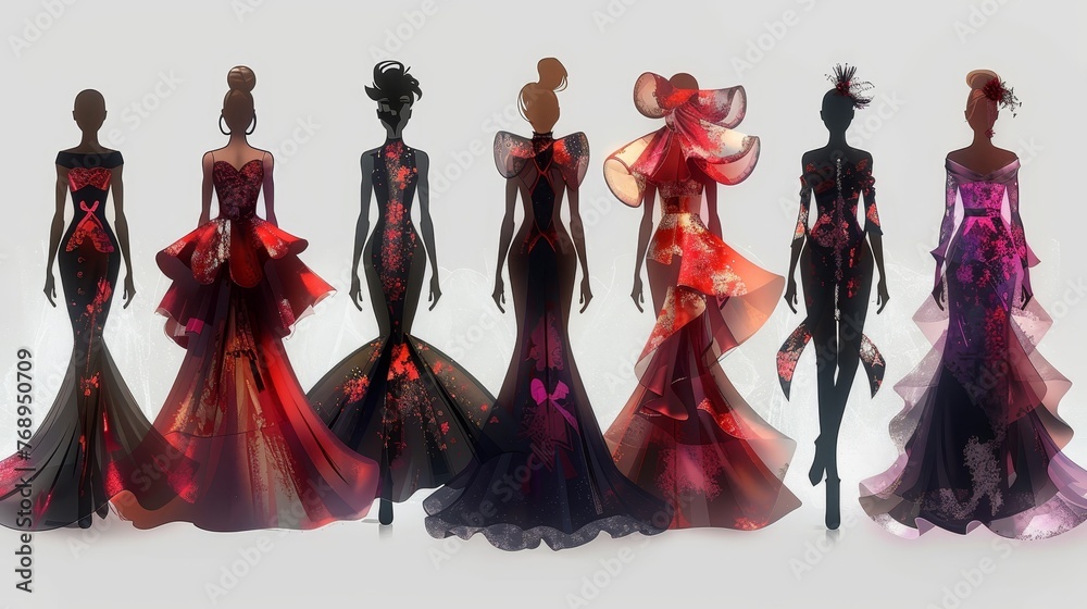 A collection of artistic illustrations displaying elegant evening gowns with floral and abstract motifs, perfect for high fashion concepts.