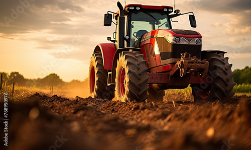 The red agricultural tractor works the soil in the field with amazing background