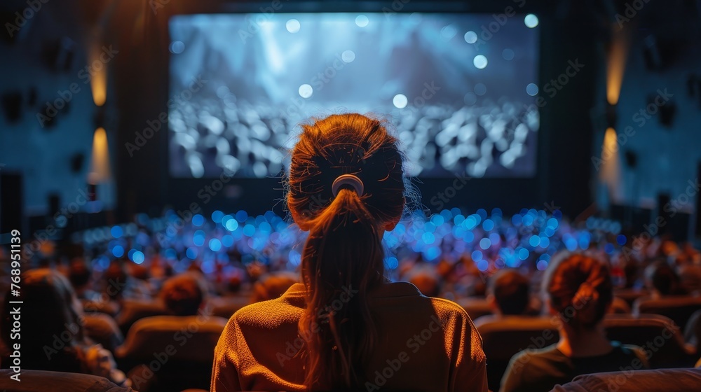 View from behind of a woman watching a live concert film in a crowded theater, immersed in the performance.