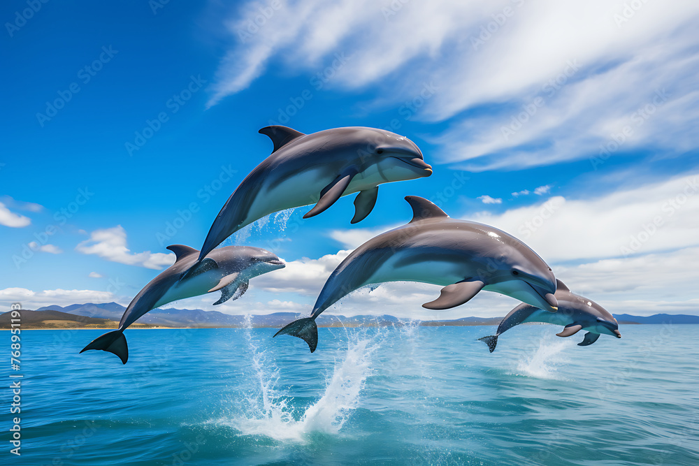 Naklejka premium group of dolphins leaping joyfully above ocean waves in the clear blue sky