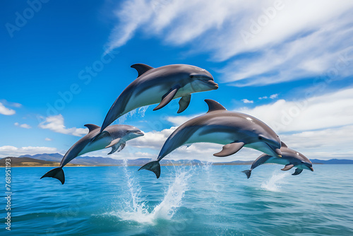 group of dolphins leaping joyfully above ocean waves in the clear blue sky