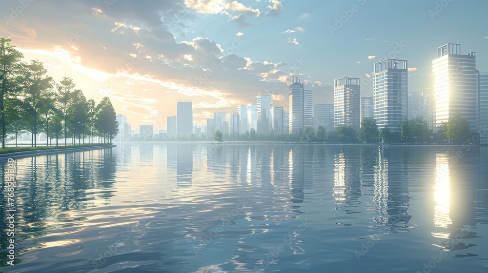 The sun rises over a tranquil waterfront cityscape, casting soft light and reflections across the gentle waters. The sun rises over a tranquil waterfront cityscape, casting soft light and reflections across the gentle waters.
