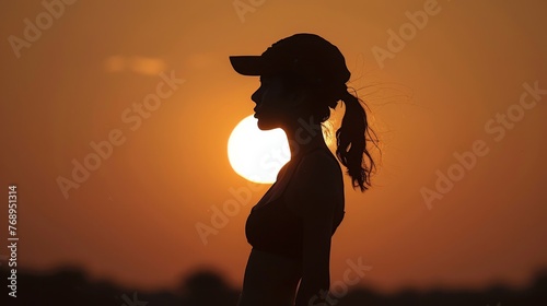 The silhouette of a contemplative woman wearing a baseball cap is perfectly aligned with the setting sun in a warm, golden sky.