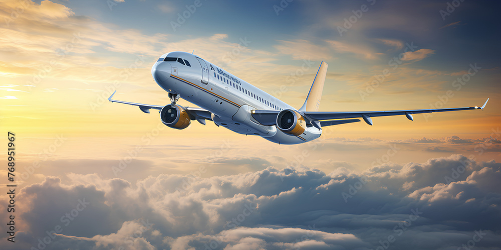 Naklejka premium Passenger airliner flying in the clouds