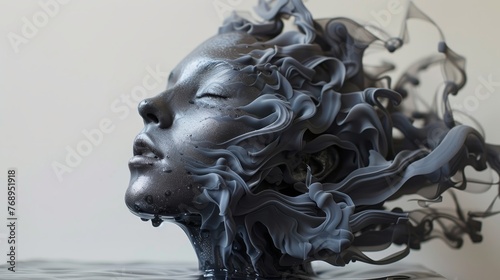 An intricate sculpture captures the essence of a human head with abstract fluid forms cascading from it in a monochromatic palette.