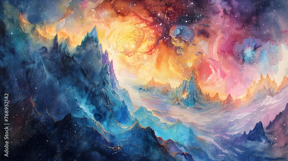 Captivating Cosmic Landscape A Dreamlike Fusion of Mountains Nebulae and Celestial Wonders