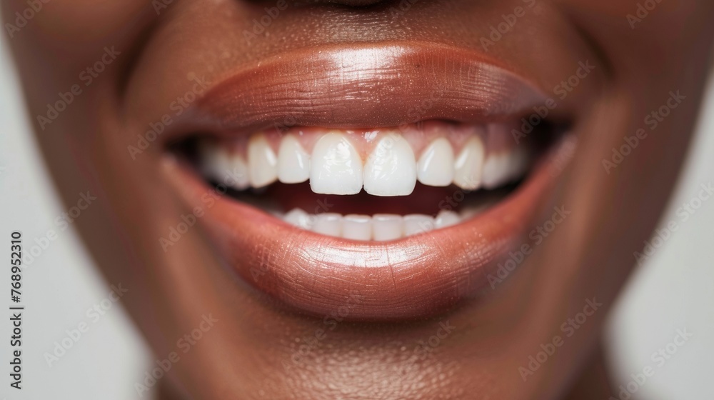 Happy smiling young woman, close-up portrait, perfect teeth, oral dental care, positive emotions.