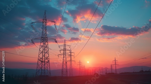 A serene twilight sky with scattered clouds looms over a row of electrical transmission towers, showcasing infrastructure at dusk.