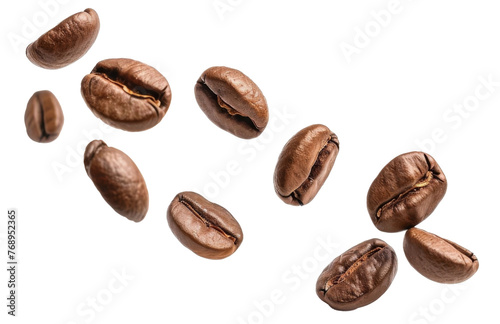 Falling coffee beans isolated on white background with clipping path. Roasted coffee beans