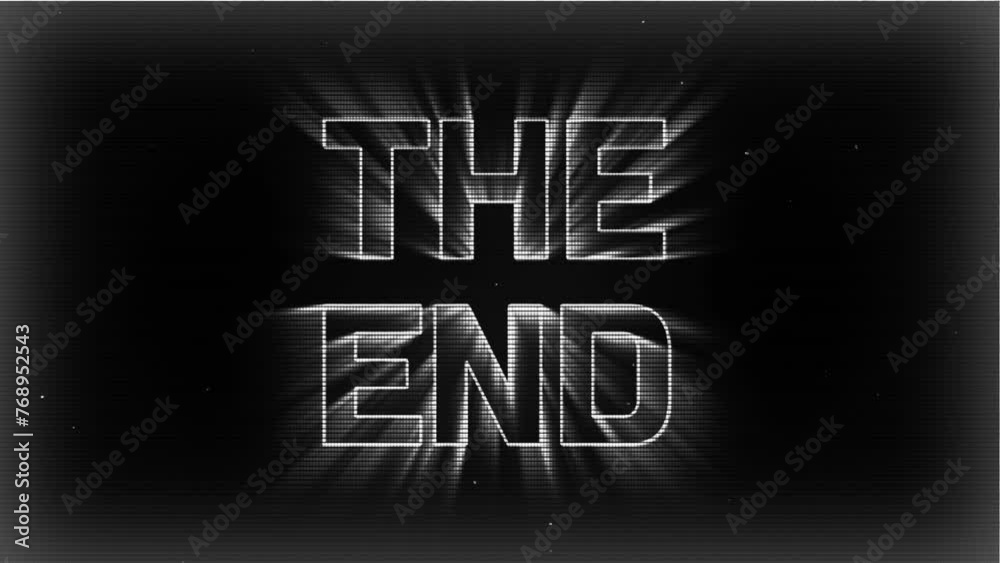 Movie Vintage The End monochrome animation retro old school pixelated shiny style the end word, animation of a camera cinematography film for ending video isolated on black background