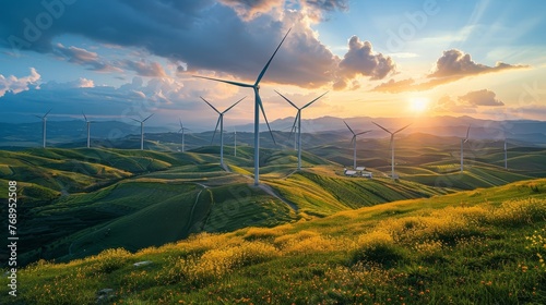 Wind turbines generating renewable energy atop rolling green hills under a captivating sunset, illustrating harmony with nature.