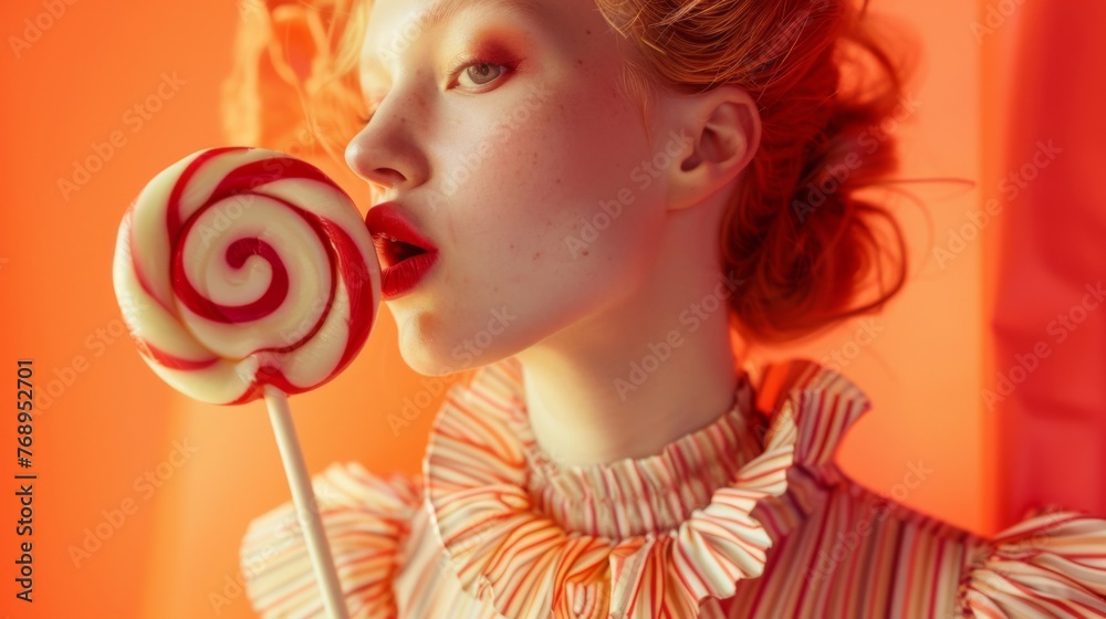 Young beautiful girl with a lollipop.  Female on a orange background. Photography in fashion editorial style