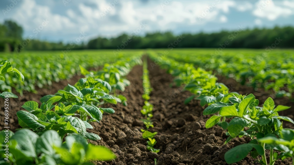 A low angle view showcases vibrant young soybean plants stretching across a vast agricultural field under a cloudy sky.