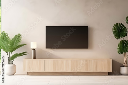 A living room with a large flat screen television mounted on the wall. The room is decorated with a wooden entertainment center and a few potted plants. The television is turned off © Mongkol