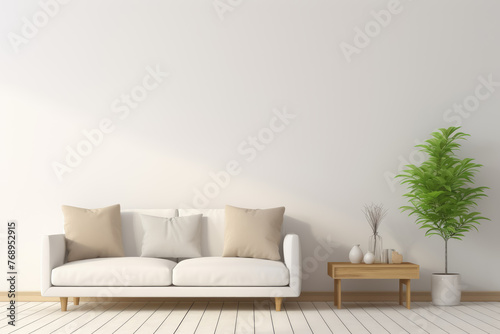 A white couch with two pillows and a brown table with a potted plant. The room is empty and has a minimalist feel
