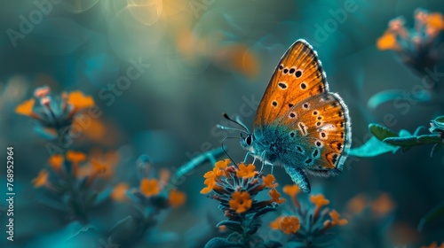A delicate butterfly perches on vibrant flowers, bathed in a soft, ethereal light with a dreamy bokeh background.