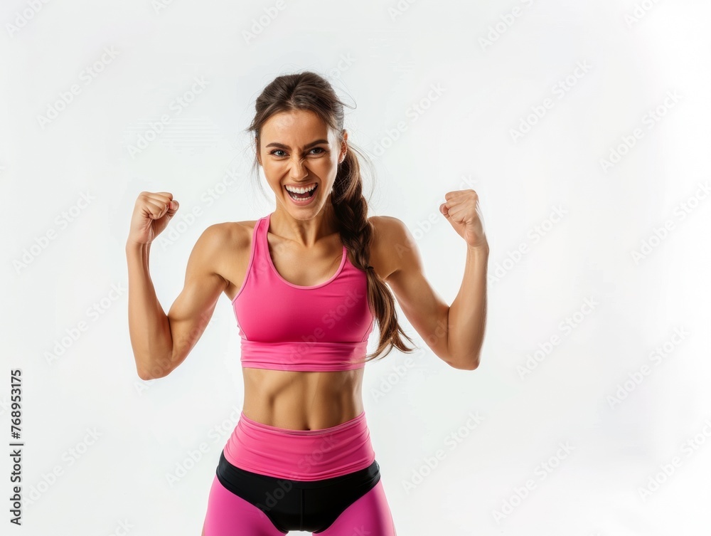 Happy woman smiling wear black sportswear with bun hair, raising arms, showing muscles power. Happy woman smiling wear black sportswear with bun hair, raising arms, showing muscles power.