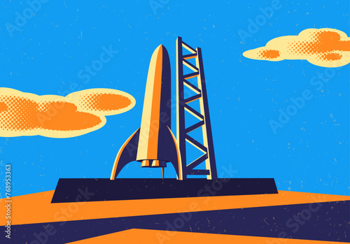 Rocket ready to take off on launch site. Retro styled sci-fi spaceship science concept
