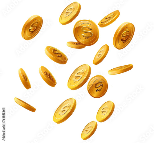 3d gold coins flying isolated on transparent background cutout, PNG file