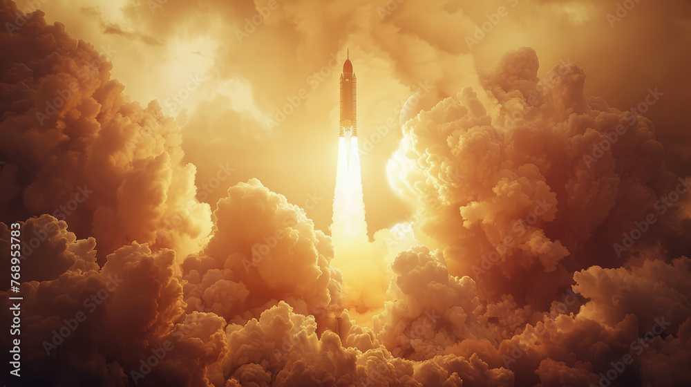 A rocket is launching into the sky, surrounded by clouds