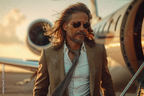 Stylish businessman exiting a private jet. The wind becomes his silent partner, whispering secrets as it shapes his hair and clothes, adding an aura of mystery to his presence.