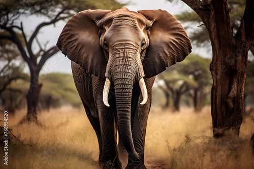 Powerful Majesty of a Tranquil African Elephant in Savannah Landscape: A Portrait of Resilience and Charm
