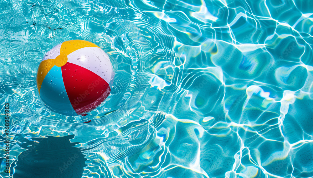 Colorful Beach Ball Floating in Blue Swimming Pool Water