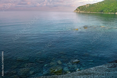 Panorama all'alba della piaggia presso riva trigoso sestri levante galleria per moneglia scoglio di asseu liguria italia  photo
