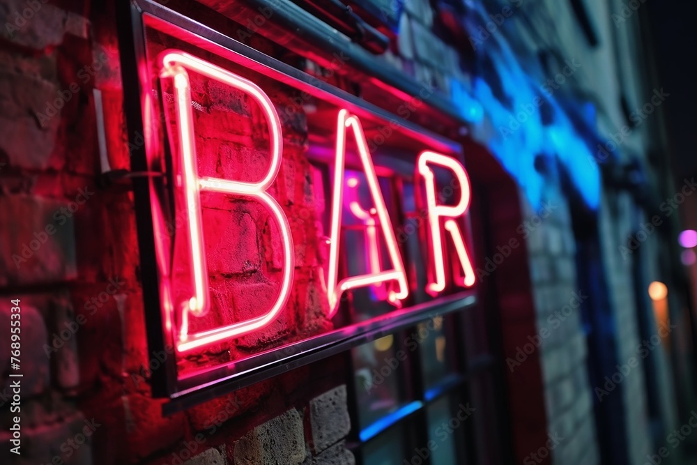 A neon sign showing the word Bar.