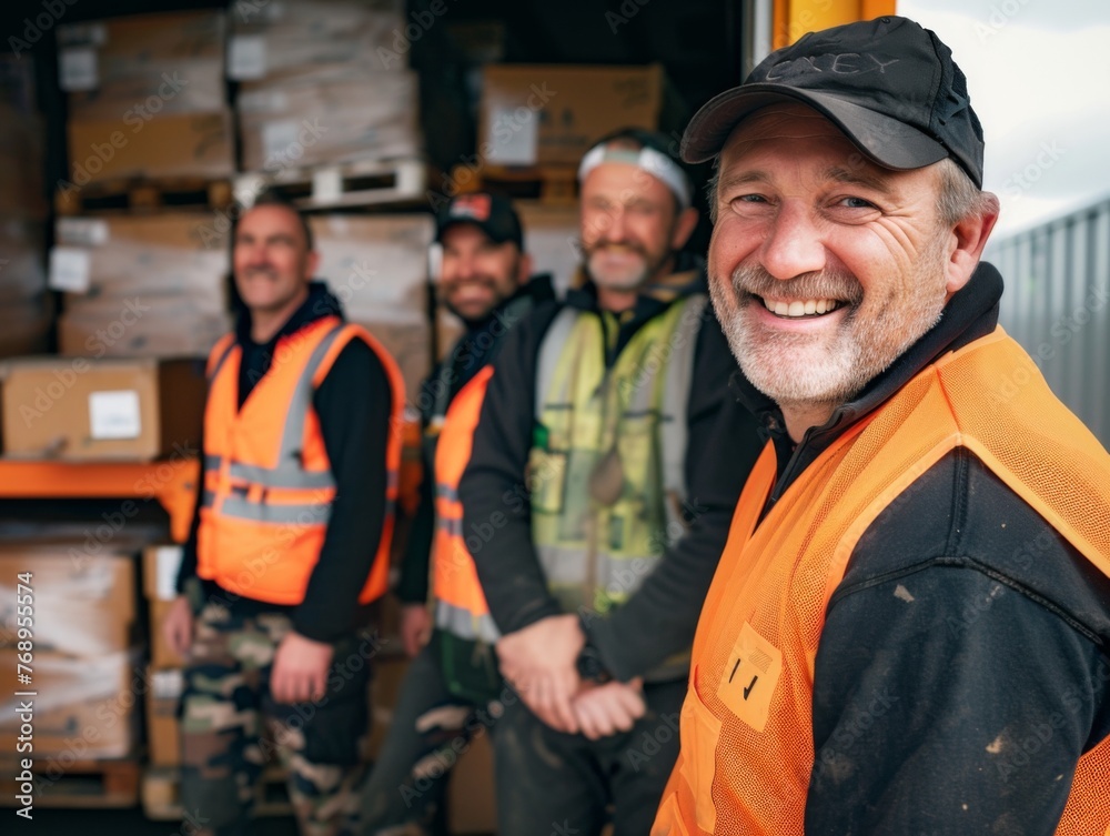 Obraz premium a group of men are standing next to each other in front of a truck