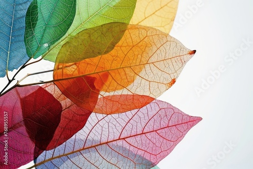 Some transparent colorful leaves on a bright background.