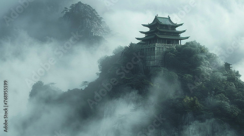 mystry asian temple on the hill, full of mist and fog , ancient chinese art