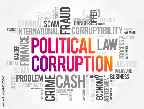 Political Corruption is the use of powers by government officials or their network contacts for illegitimate private gain, word cloud concept background