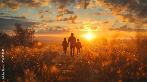 A Serene Family Stroll Through a Sunset Field