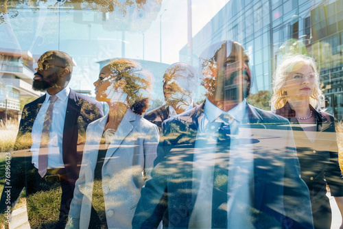 Group of multi-ethnic business people in an urban background, hurried preoccupied. Multiple layers image depicting the age of technology and speed