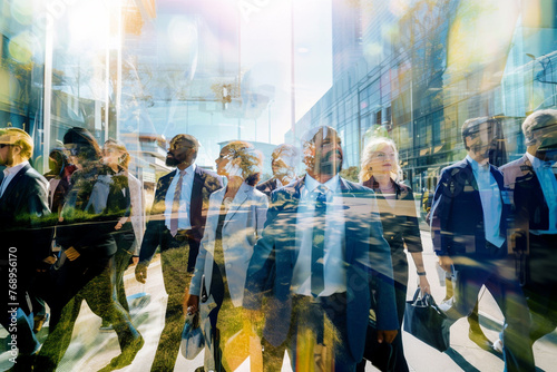 Group of multi-ethnic business people in an urban background, hurried preoccupied. Multiple layers image depicting the age of technology and speed