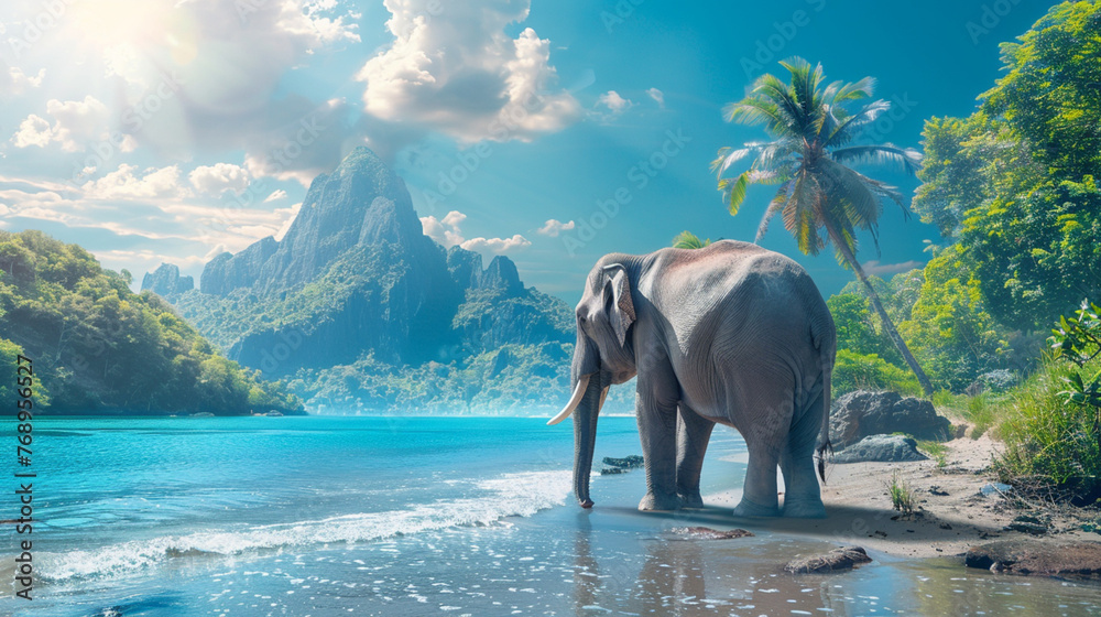 Obraz premium elephants playing a water on the beach , mountain and hill as a background , blue sky