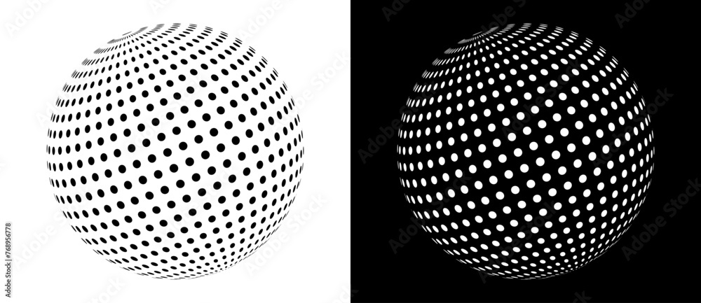 Modern abstract background. Halftone dots in ball. Round logo. Black shape on a white background and the same white shape on the black side.
