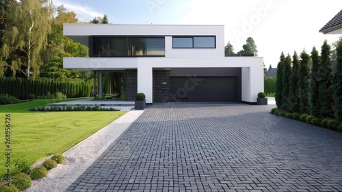 Modern House with Garage: Spacious Driveway, Cobbled Backyard and Green Lawn in a Home with White and Grey Finishes
