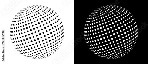 Modern abstract background. Halftone dots in ball. Round logo. Black shape on a white background and the same white shape on the black side. photo