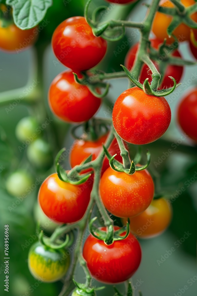 Healthy organic ripe tomato branch flourishing in a controlled greenhouse environment