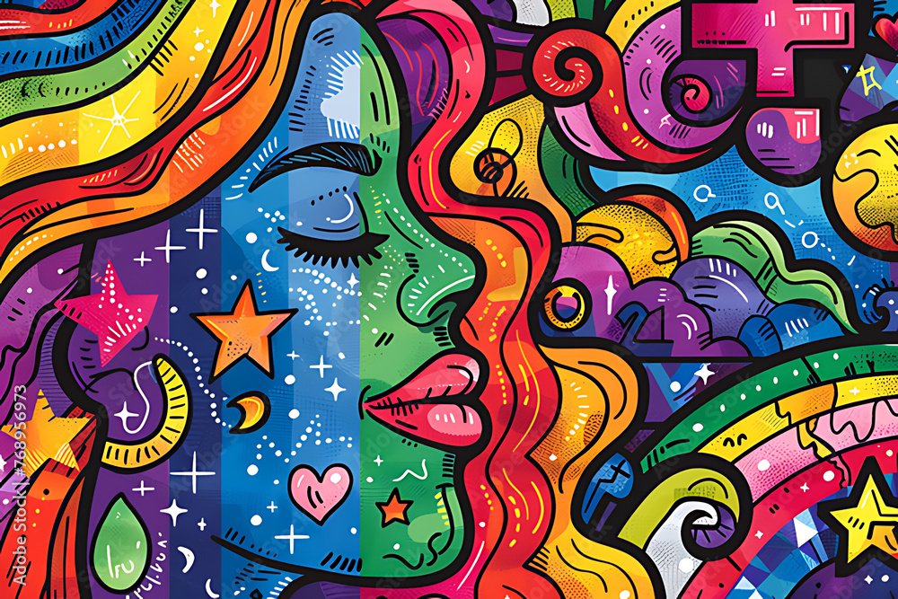 Naklejka premium Portrait brimming with cosmic and LGBTQ+ themes, symbols of pride