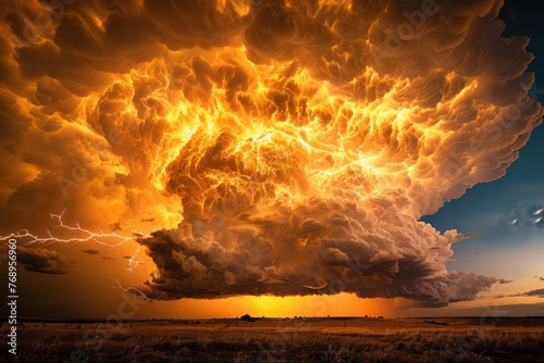 Thunderstorm Cumulonimbus Cloud with Lightning. Dramatic Nature Landscape of Thundercloud and Storm in the Sky