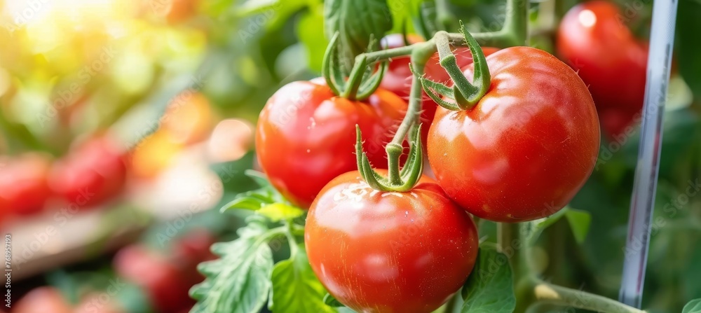 Vibrant organic ripe tomato branch flourishing in controlled greenhouse environment