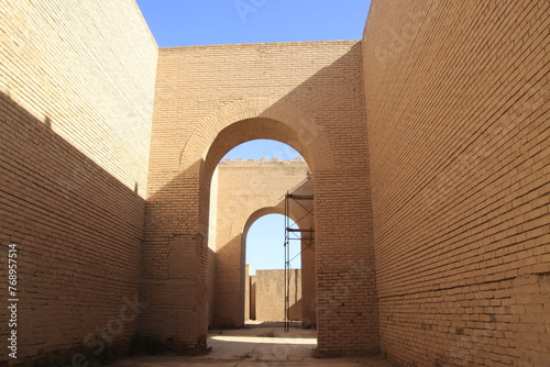 ancient city of Babylon in Iraq , ancient ruins , southern palace , old palace with blue sky 