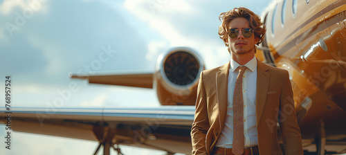 Stylish businessman exiting a private jet. A picture of sheer elegance, the businessman's hair and clothes are caught in a graceful dance with the wind as he disembarks the private jet. photo