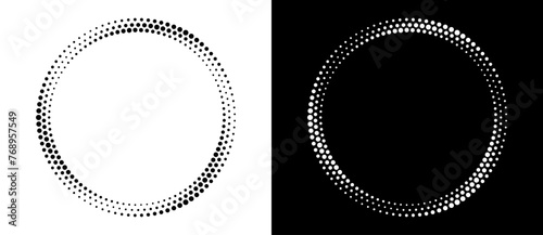 Circle with halftone black dots as advertising background or logo or icon. A black figure on a white background and an equally white figure on the black side.
