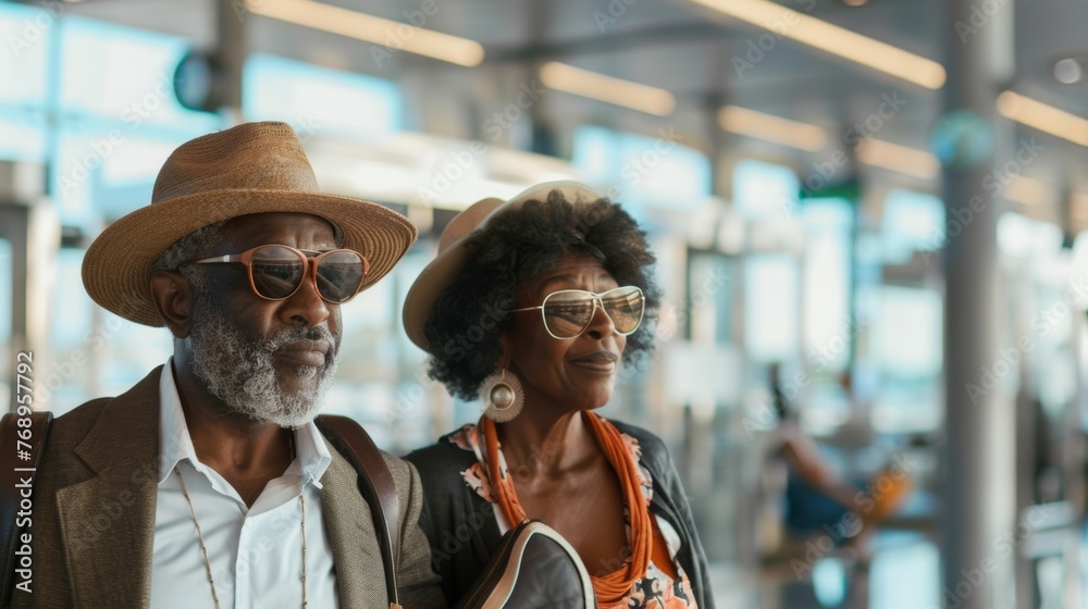 An elderly African American couple enjoying an inexpensive trip.