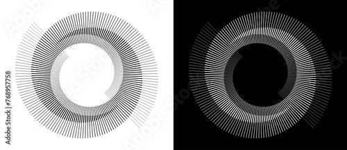 Lines in circle abstract background. Dynamic transition illusion. Black shape on a white background and the same white shape on the black side.	