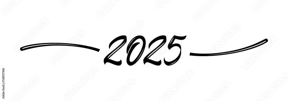 2025 creative logo. Happy New Year horizontal banner. Cute sketch. Hand drawn style design. Abstract border, frame element or text divider with calligraphic number 20 25. Isolated elements. Web icon.